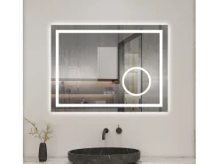 Espejo-AICA espejo 80 x 60 cm,rectangular,con función antivaho,Bluetooth，lupa 3x,reloj led, espejo con luz de 3 colores,brillo ajustable,función de memoria agapada Transparente