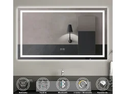 AICA espejo 120 x 70 cm,rectangular,con función antivaho,Bluetooth，espejo con luz de 3 colores,brillo ajustable,función de memoria agapada Transparente Hot