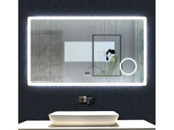 Clearance AICA espejo 120 x 70 cm,rectangular,con función antivaho,Bluetooth，lupa 3x,reloj led, espejo con luz de 3 colores,brillo ajustable,función de memoria agapada Transparente