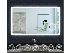 Clearance AICA espejo 120 x 70 cm,rectangular,con función antivaho,Bluetooth，lupa 3x,reloj led, espejo con luz de 3 colores,brillo ajustable,función de memoria agapada Transparente