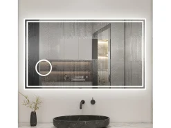 Espejo-AICA espejo 100 x 60 cm,rectangular,con función antivaho,Bluetooth,lupa 3x,con luz de 3 colores,brillo ajustable,función de memoria agapada Transparente