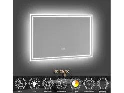 AICA espejo 800 x 600 mm,rectangular,con función antivaho,Bluetooth, espejo con luz de 3 colores,brillo ajustable,función de memoria agapada Transparente