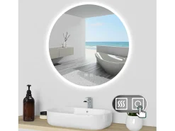 AICA Espejo de baño con iluminación LED Espejo redondo,60 x 60 cm, luz 3 colores, antivaho, brillo ajustable, memoria de apagado Transparente Discount