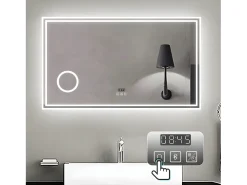 Online Aica Espejo de baño LED 140×80 cm,Reloj,Lupa,Bluetooth Transparente