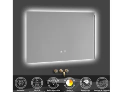 Aica Espejo de baño LED 80×60cm, antivaho, temperatura de tres colores regulable, función memoria Transparente