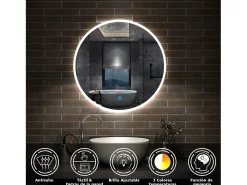 Clearance Aica Espejo redondo de baño LED 70cm,antivaho,brillo ajustable Transparente