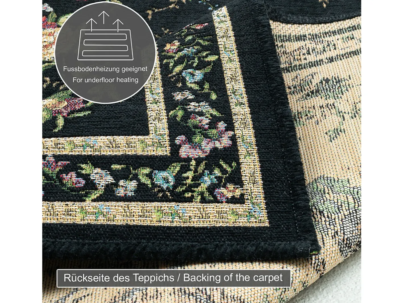 Alfombra con borde y motivos florales 60x90 cm Flomi Negro Clearance