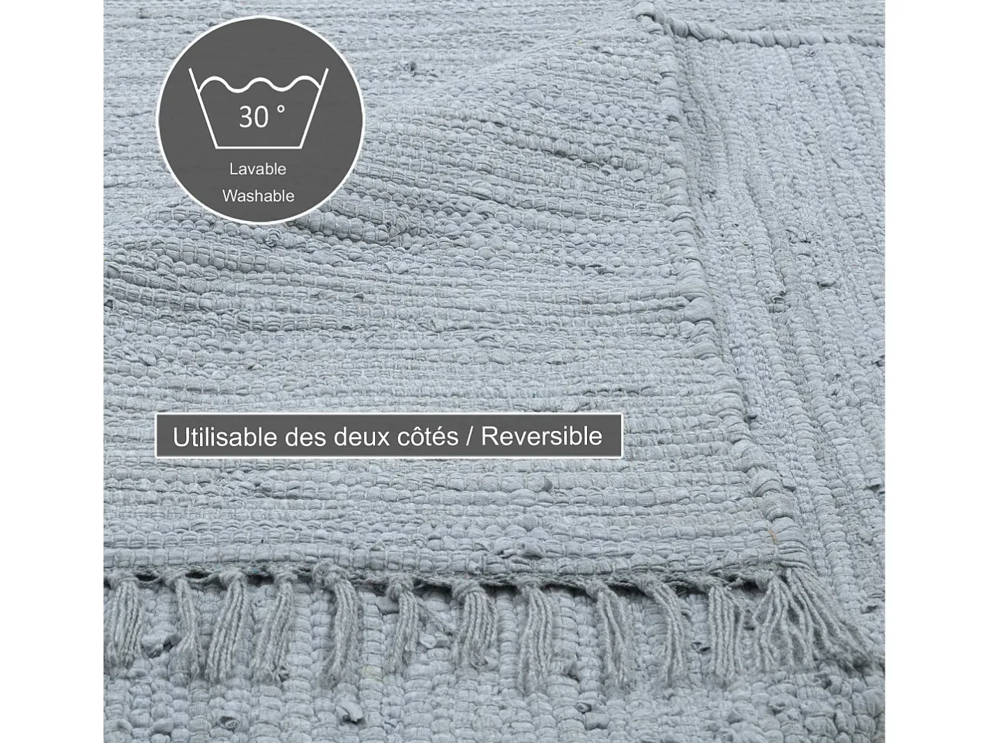 Clearance Alfombra de algodón tejida a mano y reversible 60x120 cm Happy Cotton Gris