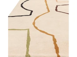 Hot Alfombra de estilo medio siglo, hecha a mano 100% lana - 120x170cm - crema, verde, ocre, burdeos, negro - Reef Linear Multicolor