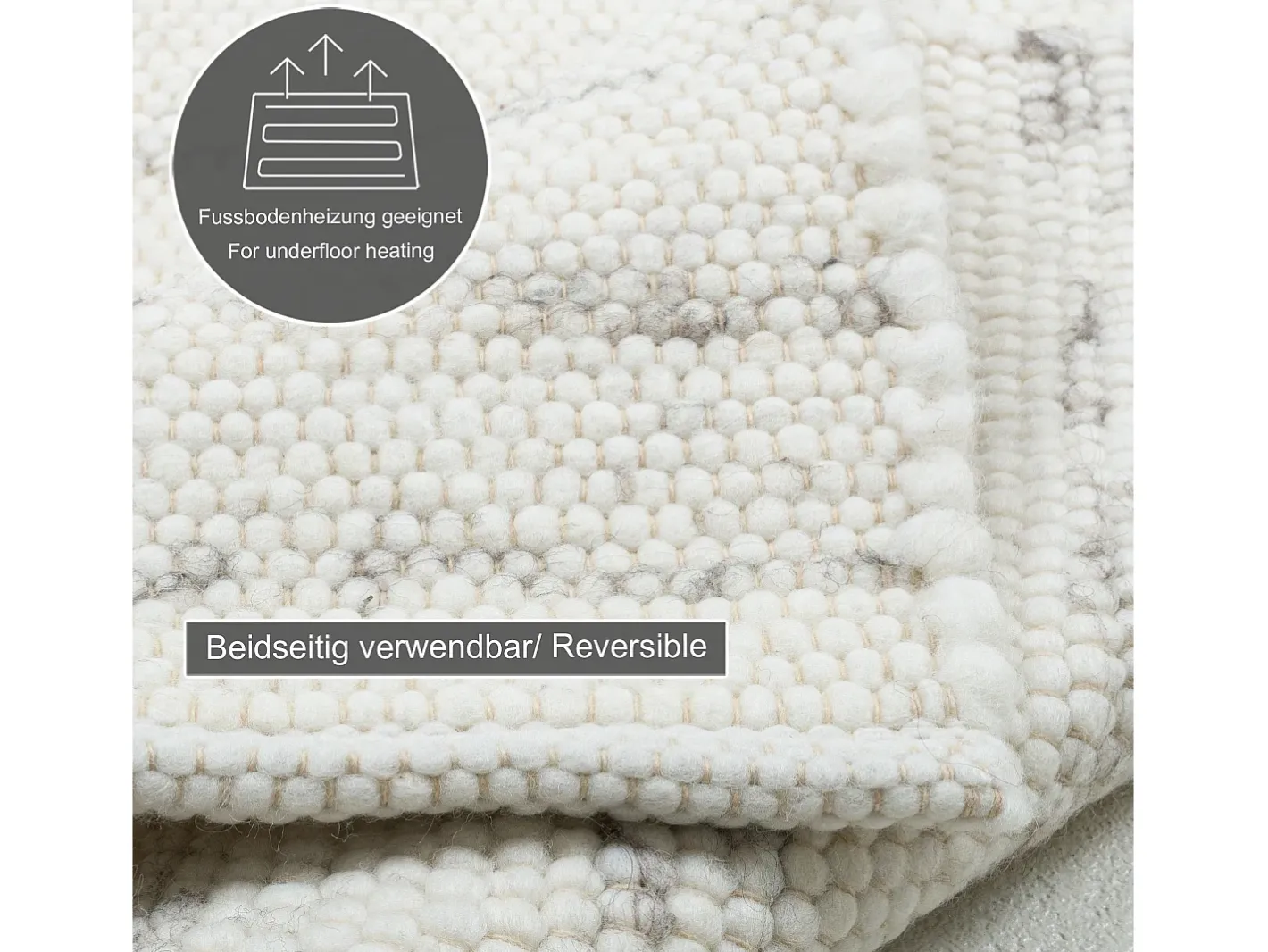 Alfombra de lana tejida a mano reversible 60x90 cm Gris natural Alm-Glück Beige