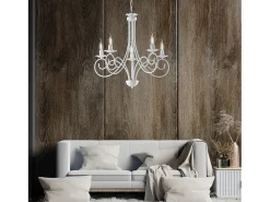 Lámpara Suspendida-Alma - Lámpara de araña de hierro lacado en con decoración. Lámpara de techo efecto shabby chic, 5 luces, 120 cm, Ø57 cm, BL130-5-BCO Blanco