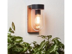 Outlet BRAYTRON Aplique de pared exterior, madera oscura, metal negro y cristal, casquillo E27, 1 x 40 W Transparente