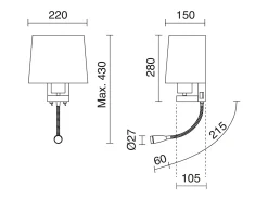 Aplique Para Pared-Aplique de pared FIRENZE estilo clásico - Alt. 43 cm - E27 60W + LED SMD 3W - 2x on&off - 2x USB - acero y algodón - niquel satinado y blanco - IP20 Gris