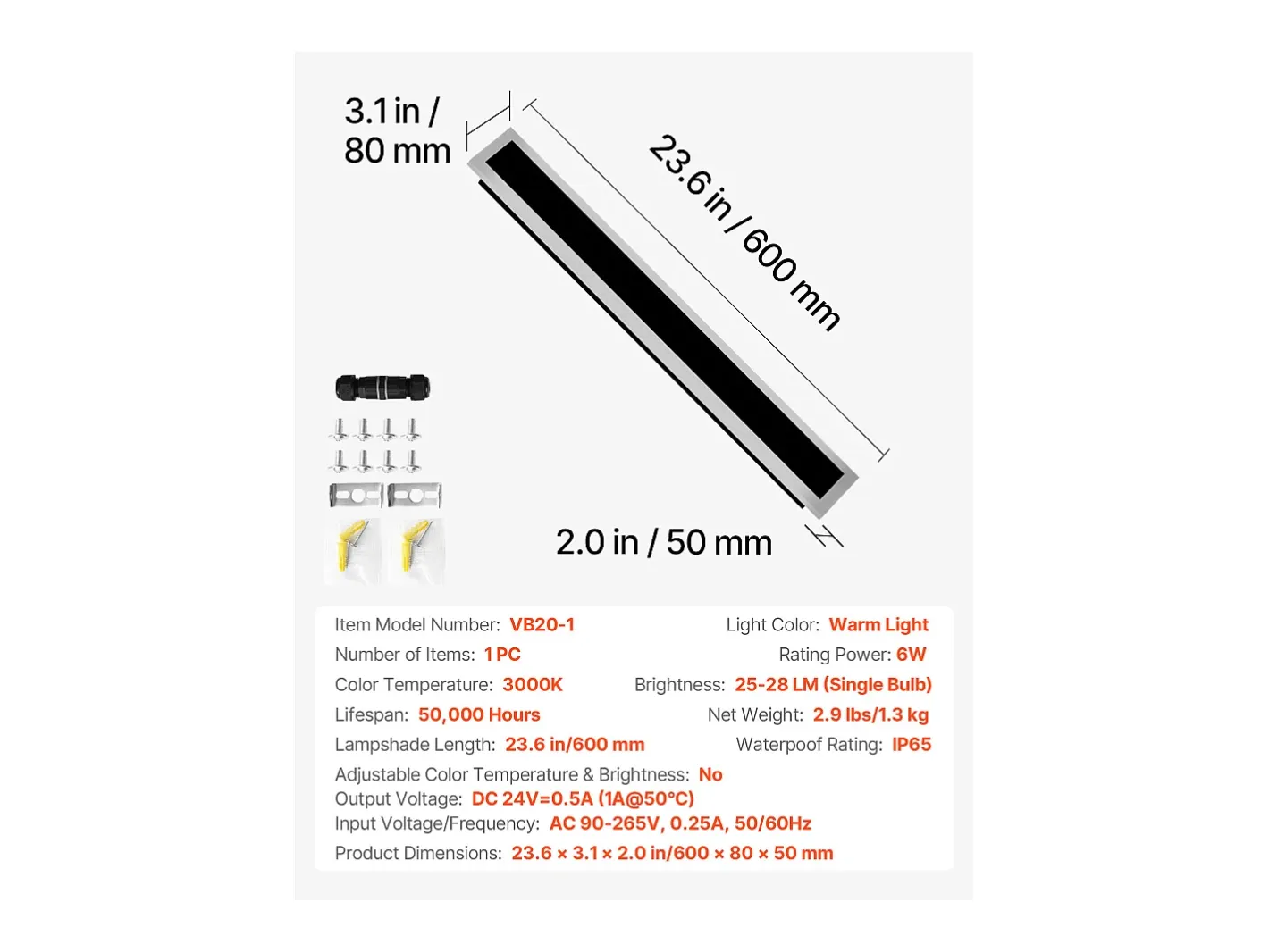 Iluminación Exterior-Aplique de Pared SucceBuy de Exterior, 6 W, Iluminación Exterior de Pared, Banda Luminosa Larga Moderna LED, 60 cm, Blanco Cálido 3000 K, Estanqueidad IP65 Negro