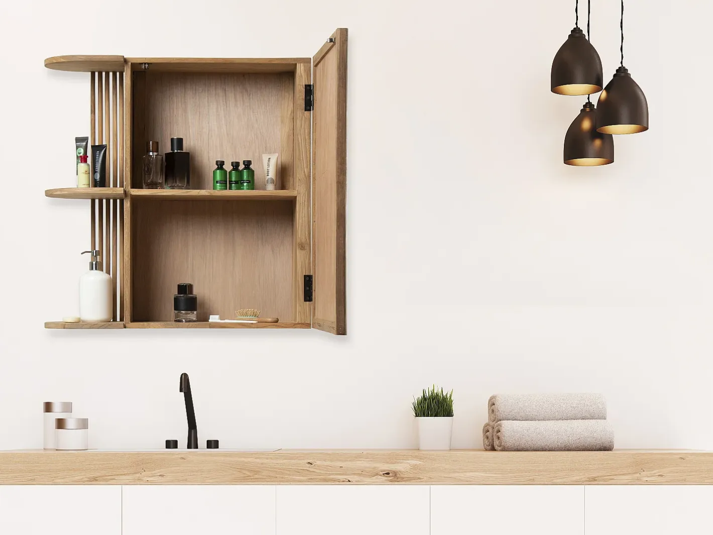Sale OZAIA Armario de baño de pared de teca con espejo - Ancho 65 x Prof. 20 x Alt. 65 cm - CIMAHI Color natural claro