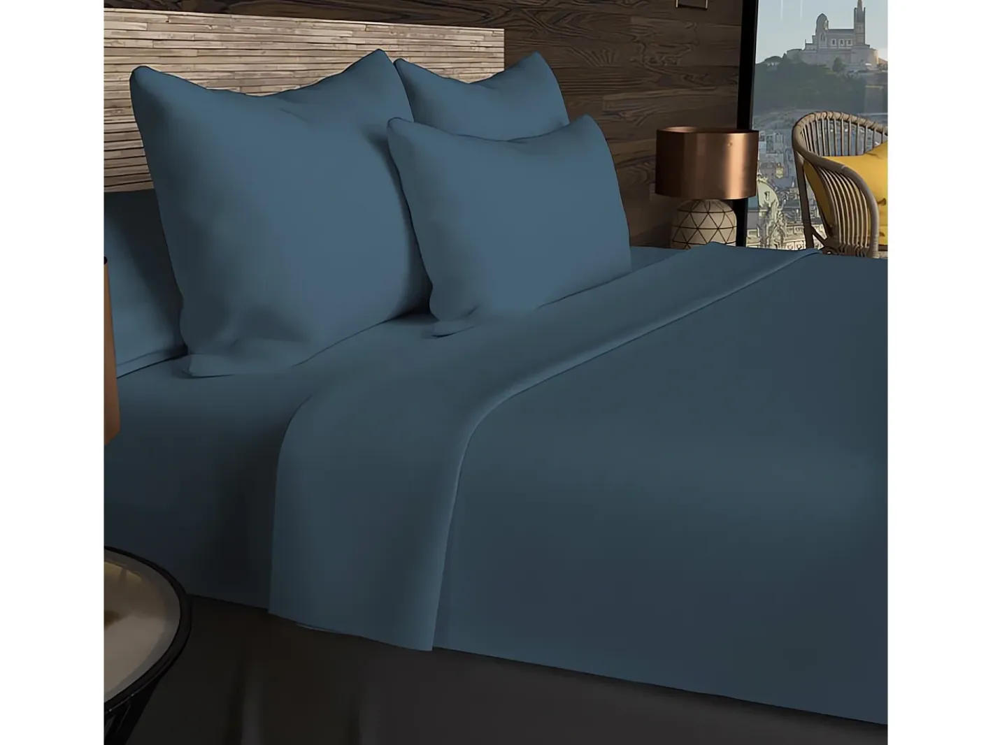 Soleil d'ocre Ropa De Cama-Bajera ajustable de algodón 57 hilos 90x190 cm LISO Azul