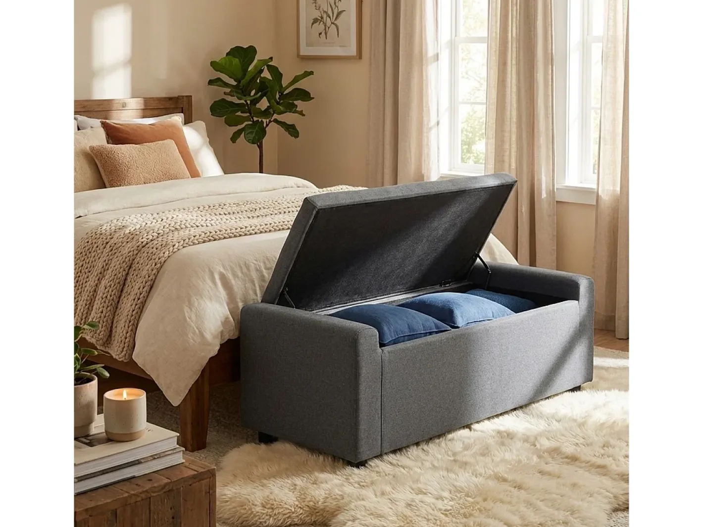 AHD Vajilla-Banco con almacenamiento de tela para dormitorio y recibidor Merak - Gris