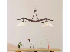 Clearance Bilbao - Lámpara de hierro lacado en negro con decoración. Efecto óxido y difusores de cristal d. 30 blanco y ámbar 2 luces L. 89 X 30 Marru00f3n chocolate