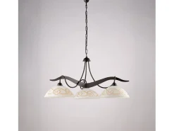 Lámpara Suspendida-Bilbao - Lámpara de hierro lacado en negro con decoración. Efecto óxido y difusores de cristal d. 30 blanco y ámbar 3 luces 106 - Ø89 Marru00f3n chocolate