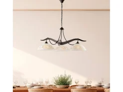 Lámpara Suspendida-Bilbao - Lámpara de hierro lacado en negro con decoración. Efecto óxido y difusores de cristal d. 30 blanco y ámbar 3 luces 106 - Ø89 Marru00f3n chocolate