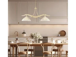 Lámpara Suspendida-Bilbao - Lámpara de hierro lacado en con decoración. Efecto decapé y difusores de cristal d. 30 blanco y ámbar 2 luces L. 89 X 30 Marfil