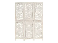 Hot vidaxl Biombo 3 paneles tallado a mano madera mango 120x165 cm Blanco