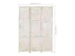 Hot vidaxl Biombo 3 paneles tallado a mano madera mango 120x165 cm Blanco