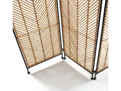 Clearance Les Tendances Biombo de 3 paneles de mimbre natural y metal negro. Color natural claro