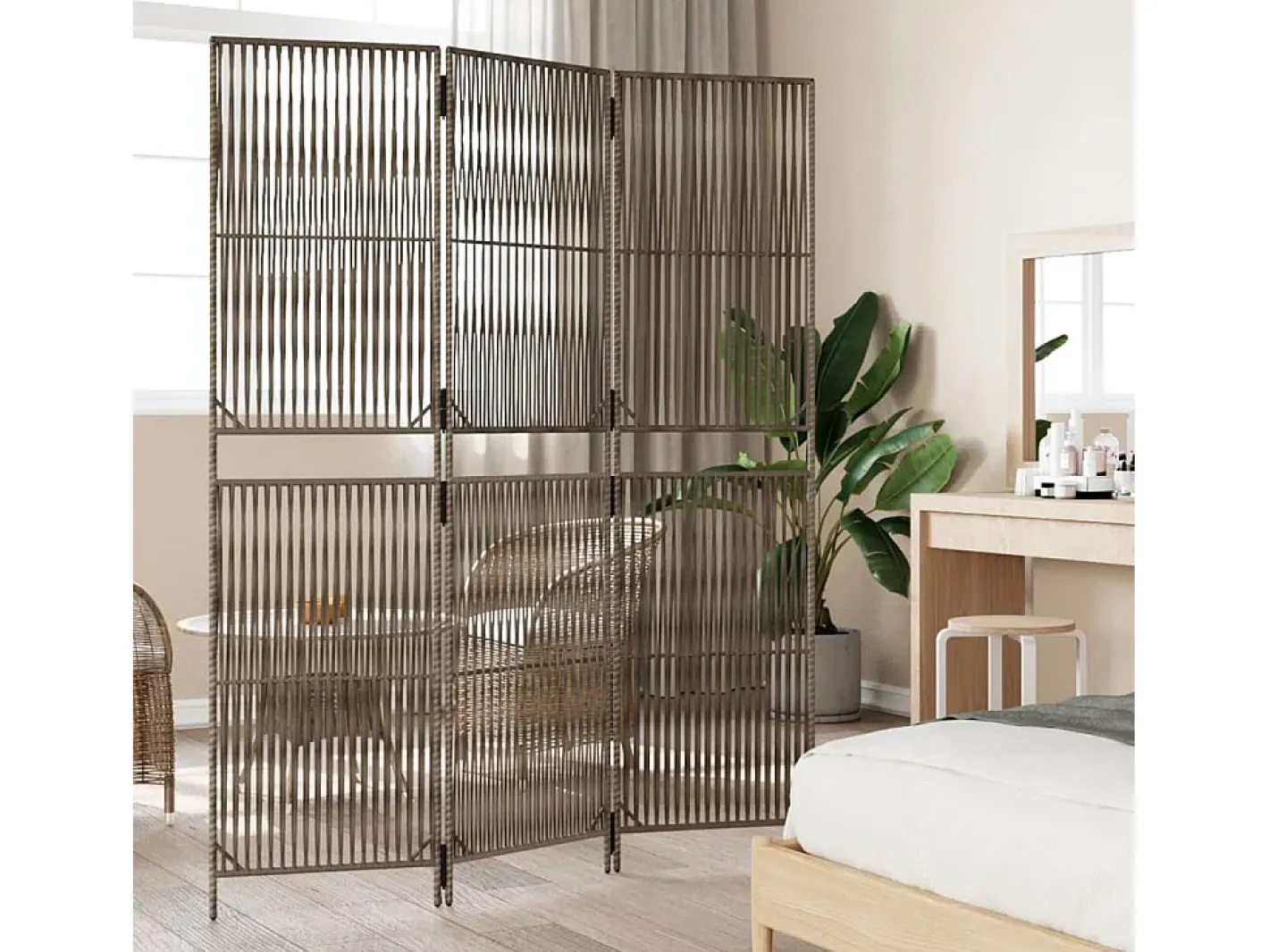Best Biombo de 3 paneles ratán sintético ES768500 Gris