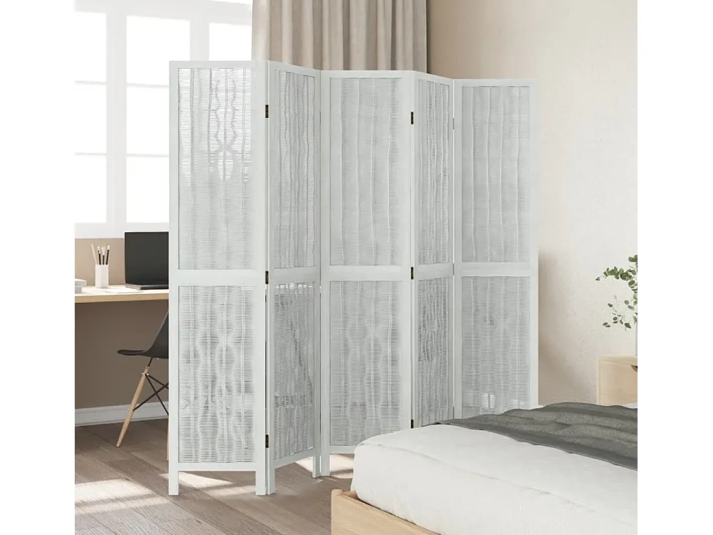 Biombo separador de 5 paneles madera maciza Paulownia ES859261 Blanco Clearance