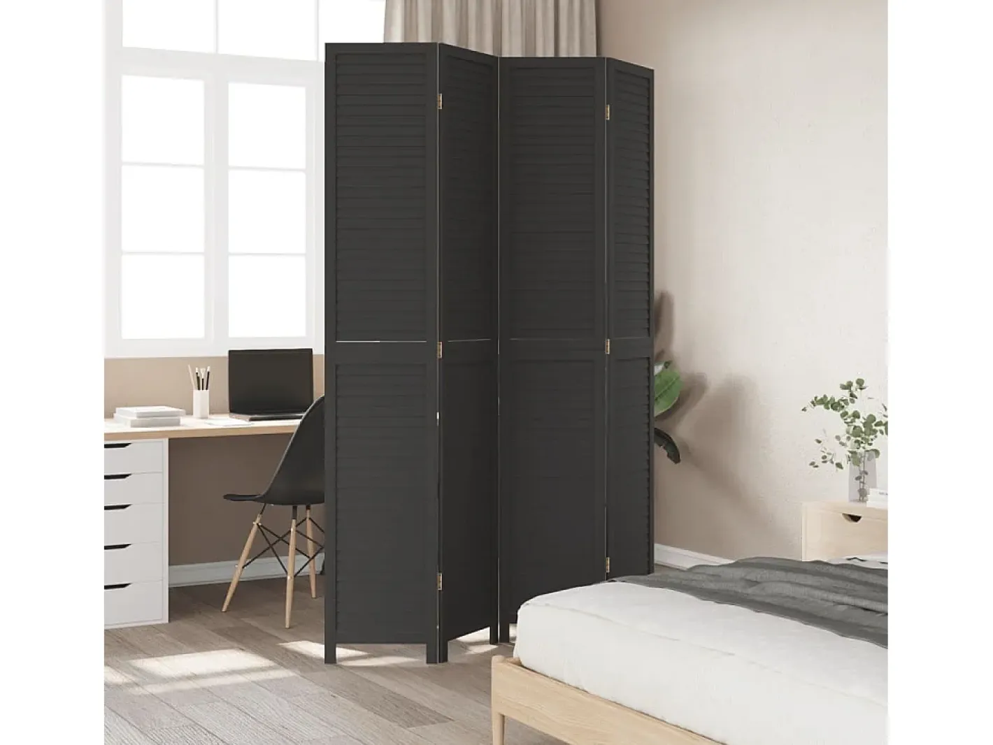Biombo separador de 4 paneles madera maciza Paulownia ES397212 Negro Clearance
