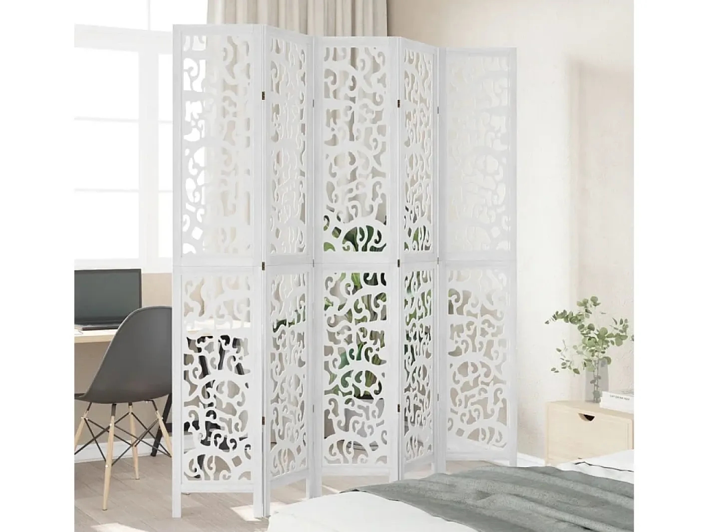 Biombo separador de 5 paneles madera maciza Paulownia ES939340 Blanco Online