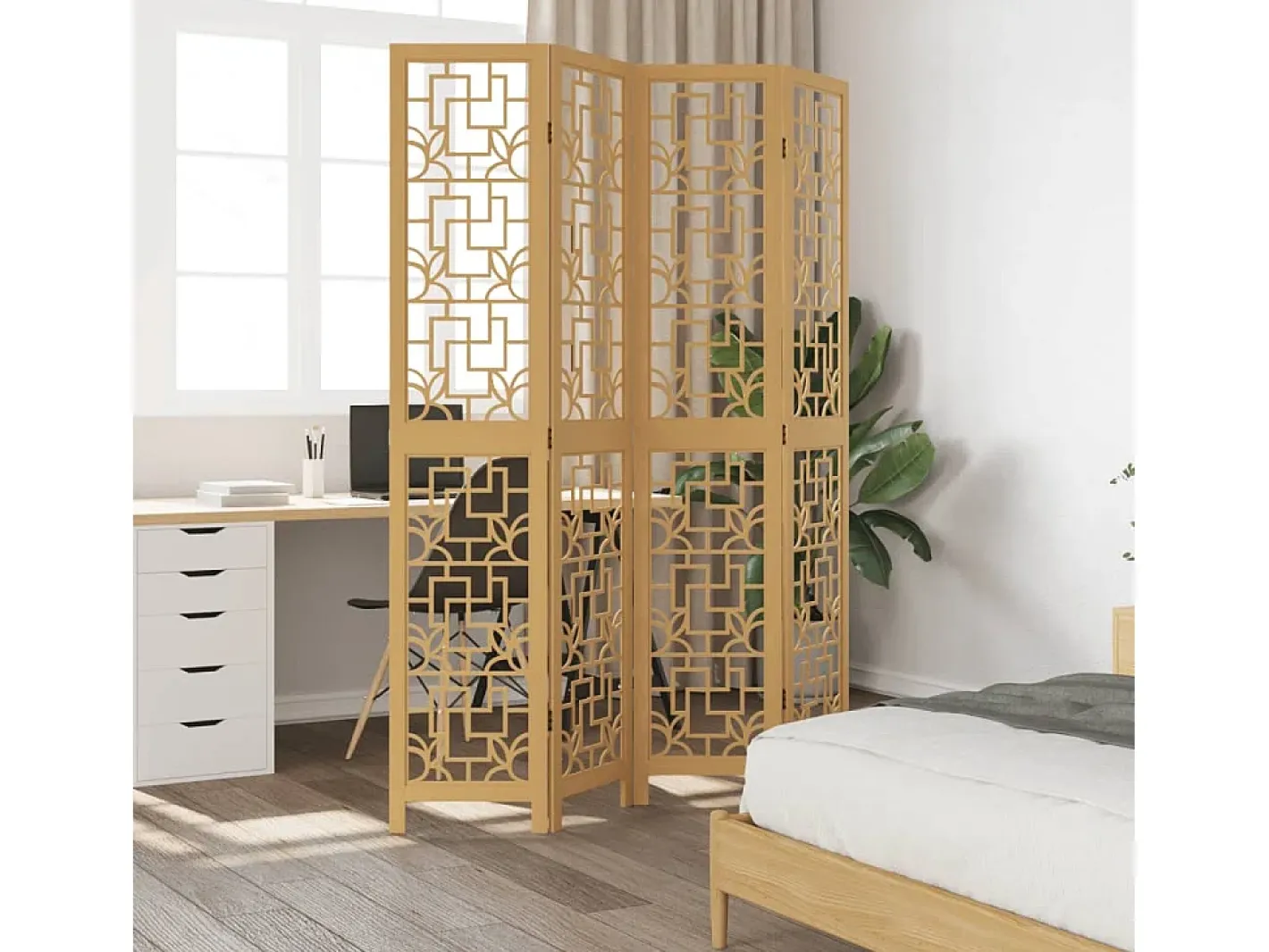 Discount Biombo separador de 4 paneles madera maciza paulownia marrón ES744021 Marru00f3n
