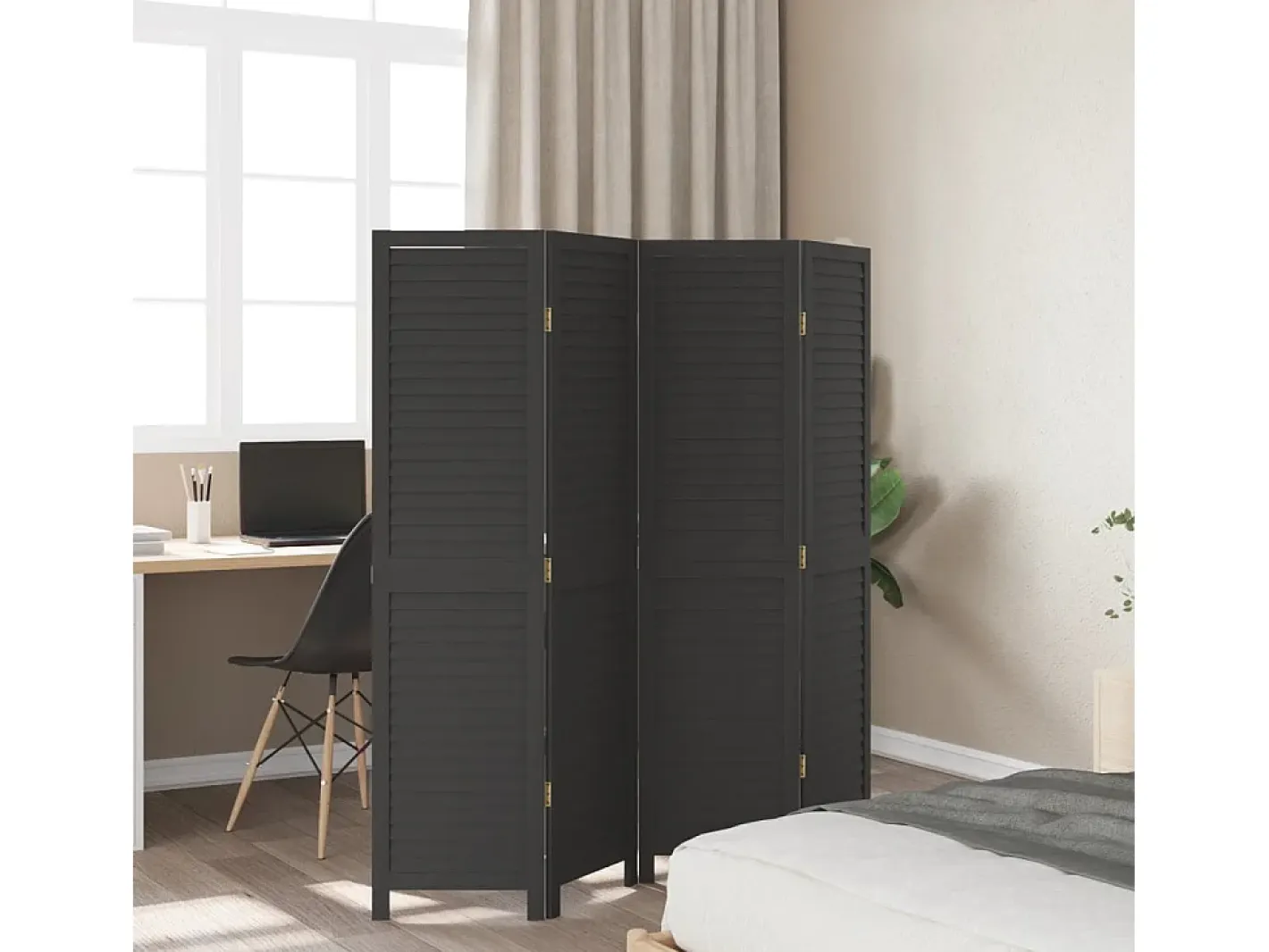 Biombo-Biombo separador de 4 paneles madera maciza Paulownia ES130446 Negro