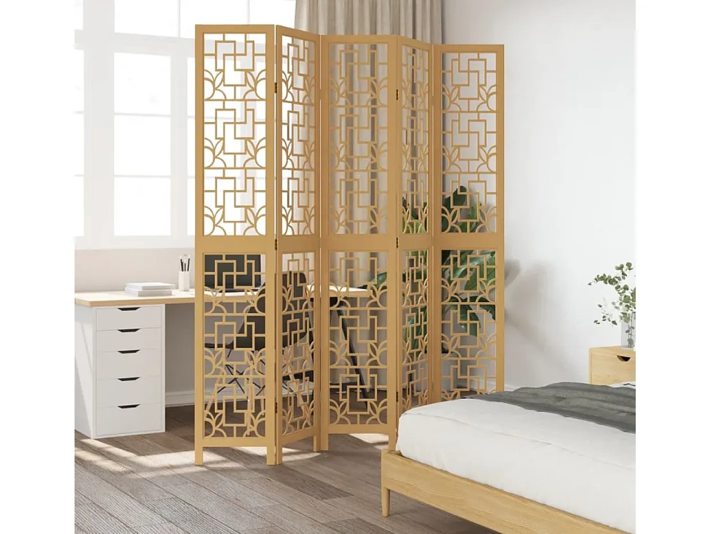 Discount Biombo separador de 5 paneles madera maciza paulownia marrón ES827340 Marru00f3n