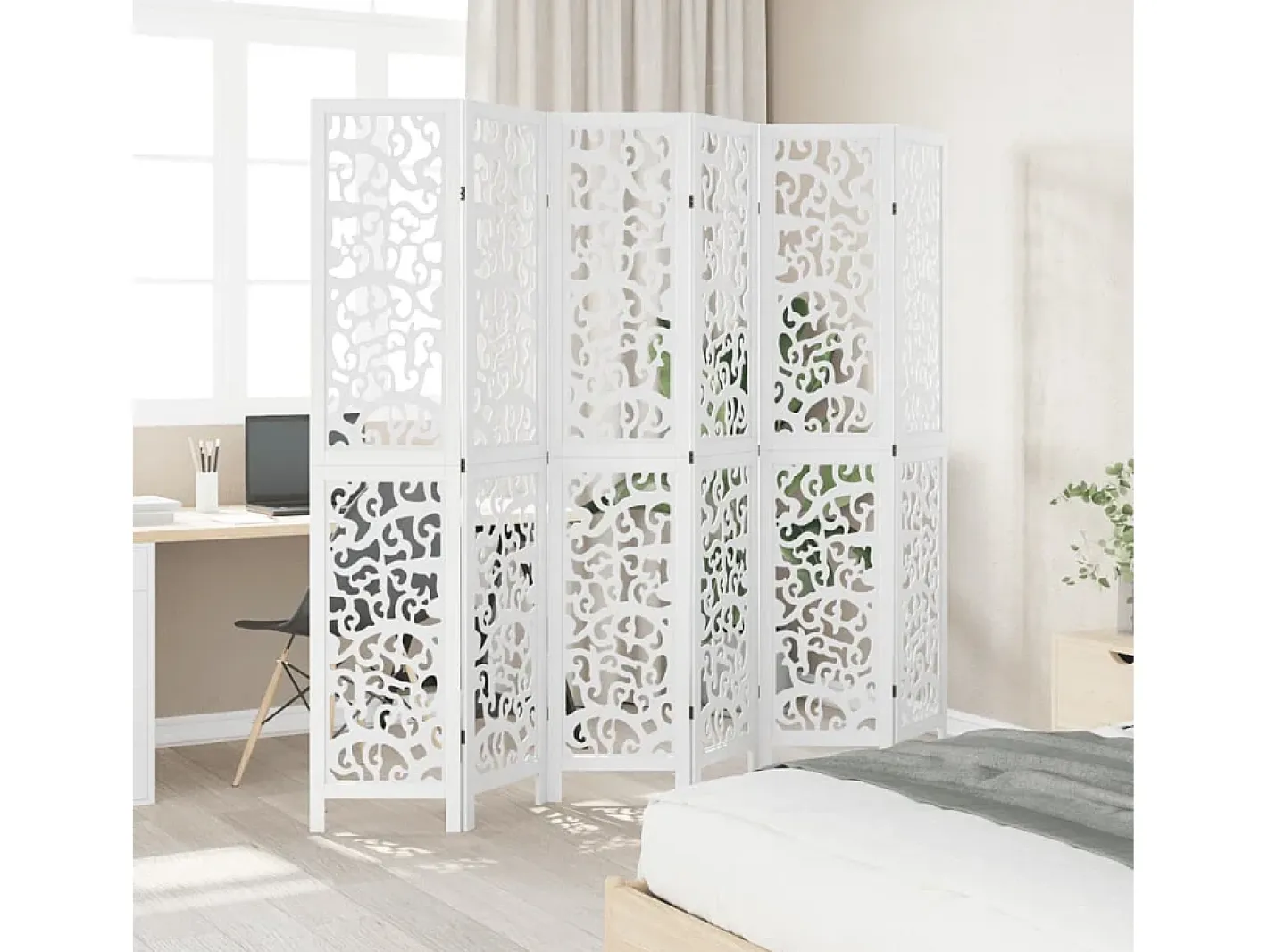 Biombo separador de 6 paneles madera maciza Paulownia ES771096 Blanco Best