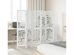 Biombo-Biombo separador de 6 paneles madera maciza Paulownia ES107247 Blanco