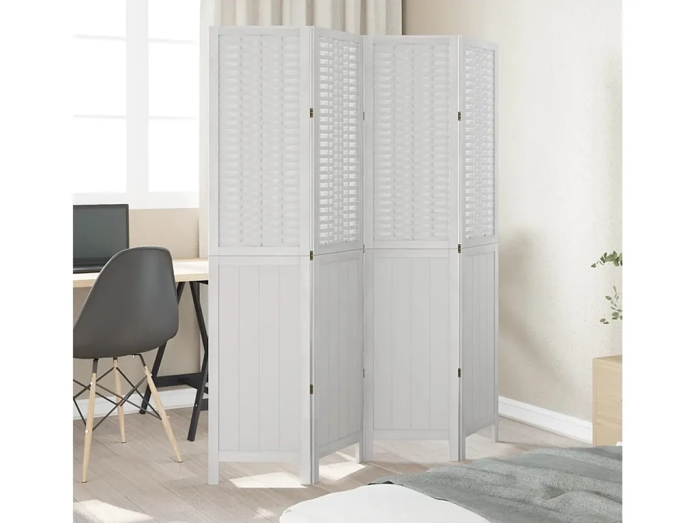 Biombo separador de 4 paneles madera maciza Paulownia ES271872 Blanco Online