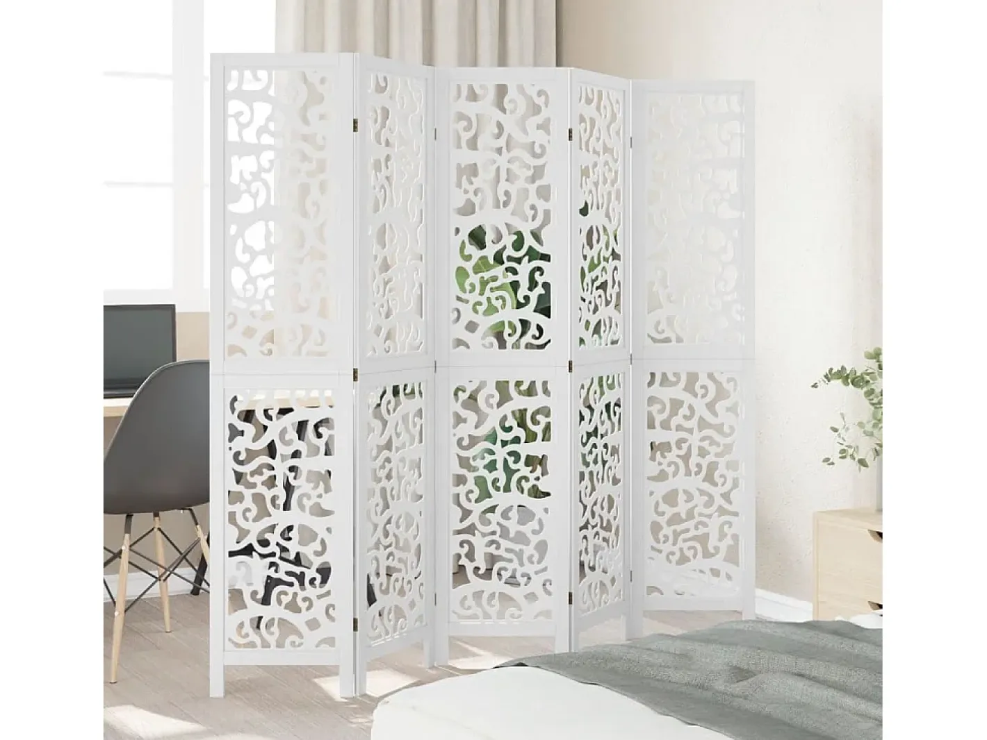 Biombo-Biombo separador de 5 paneles madera maciza Paulownia ES821647 Blanco