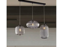 Lámpara Suspendida-Carril Glamour de hierro lacado en con cables orientables y difusores de cristal soplado gris espejado con dec. Forro en relieve de 3 luces Negro