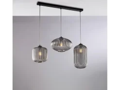 Lámpara Suspendida-Carril Glamour de hierro lacado en con cables orientables y difusores de cristal soplado gris espejado con dec. Forro en relieve de 3 luces Negro