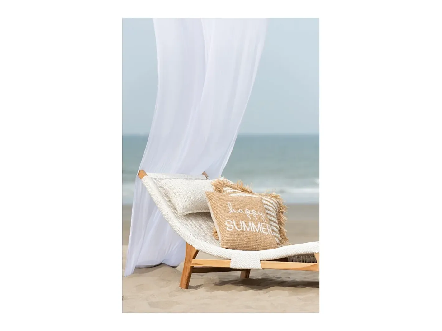 Clearance J-Line Cojín a rayas con flecos en textil 45x45x15 cm Blanco
