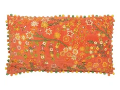 J-Line Ropa De Casa-Cojín rectangular flores+pompones en terciopelo 65x35x15 cm Naranja