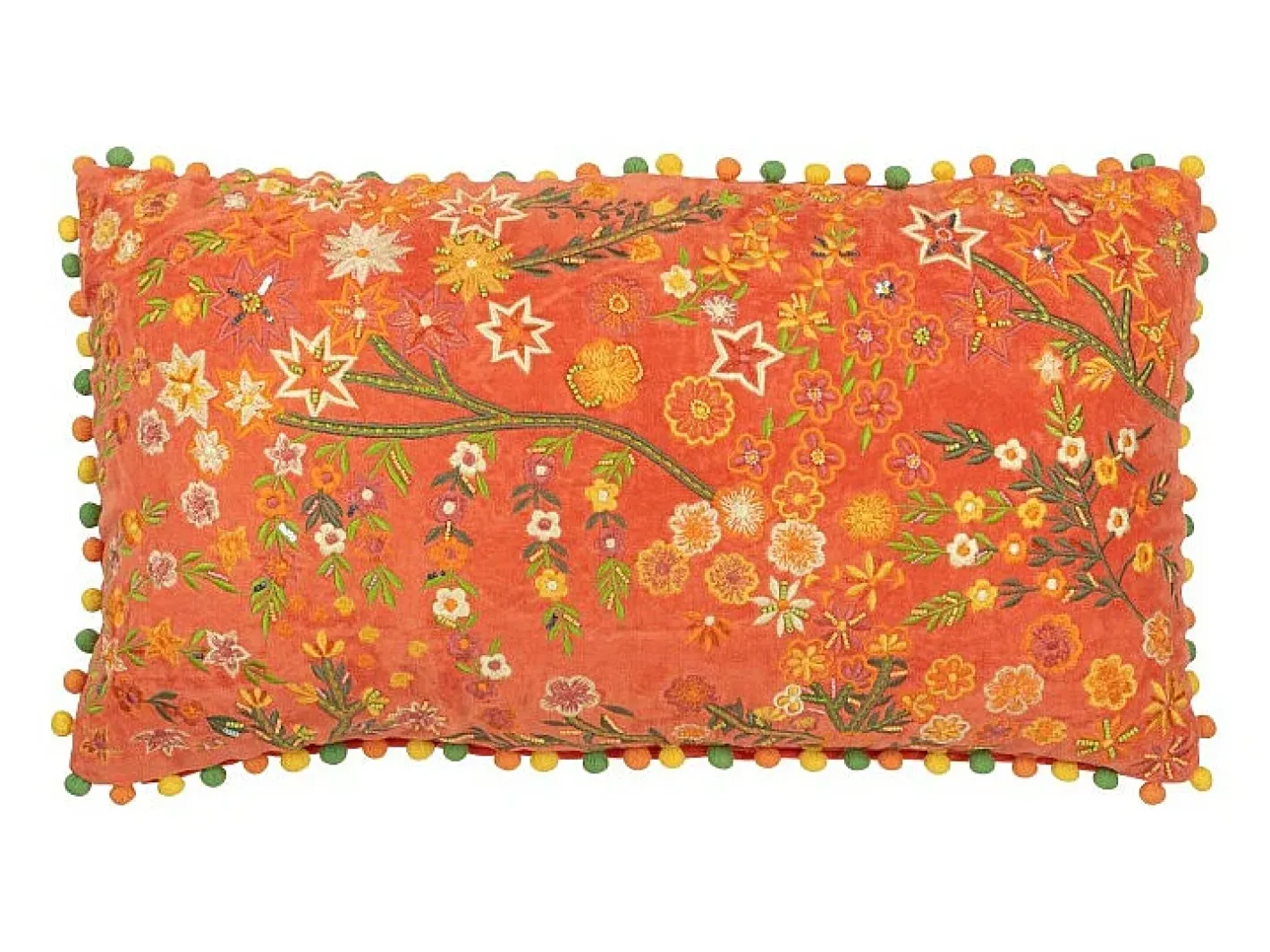 J-Line Ropa De Casa-Cojín rectangular flores+pompones en terciopelo 65x35x15 cm Naranja
