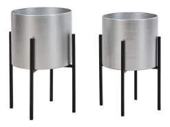 New OZAIA Conjunto de 2 maceteros con soporte de metal - D.25 x Alt. .39 y D. 23 x Alt. .35.5 - - EDMEE Plateado