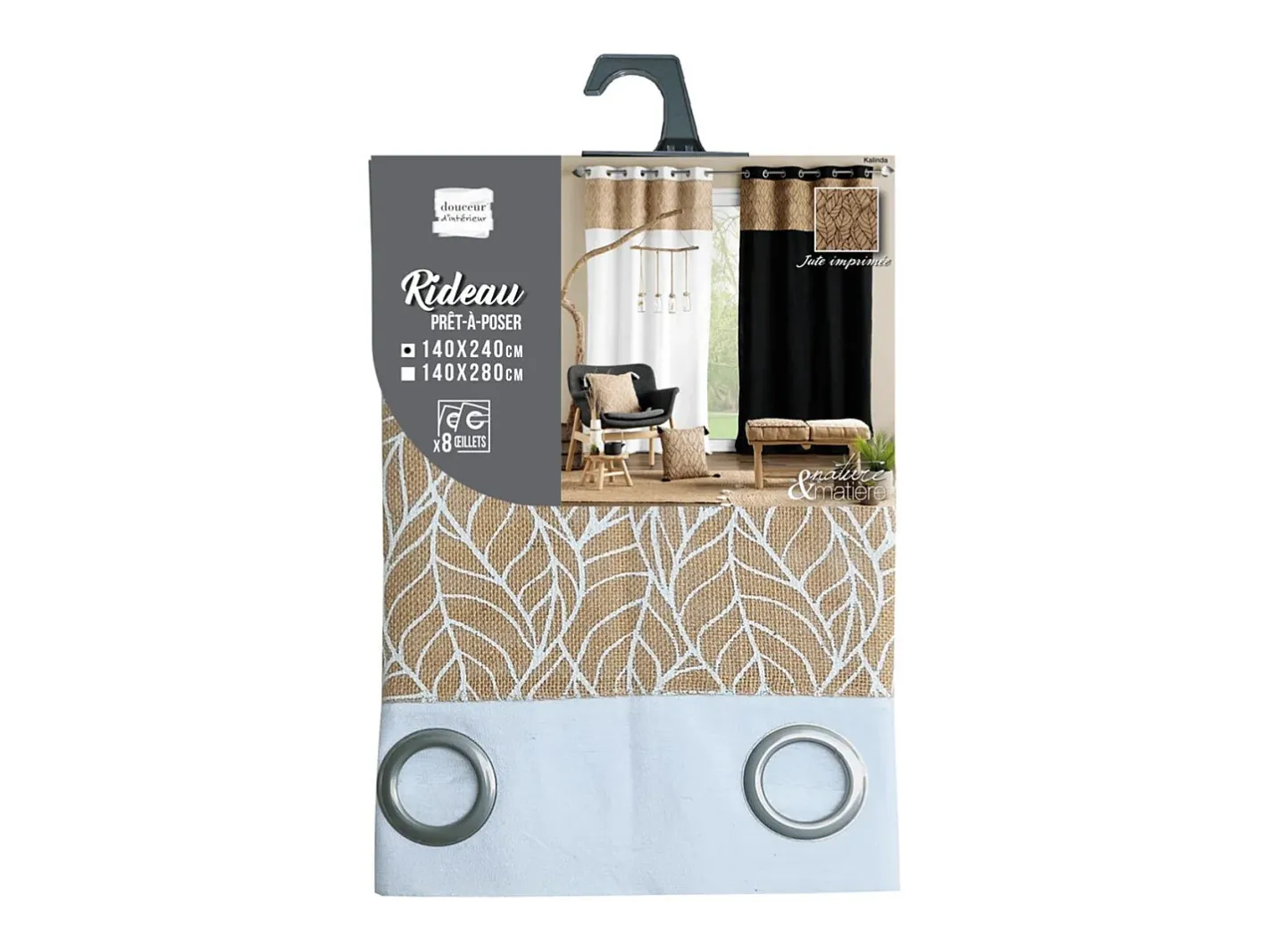 Discount Douceur d'intérieur Cortina bi material con lona de yute estampada 140 x 240 cm Blanco