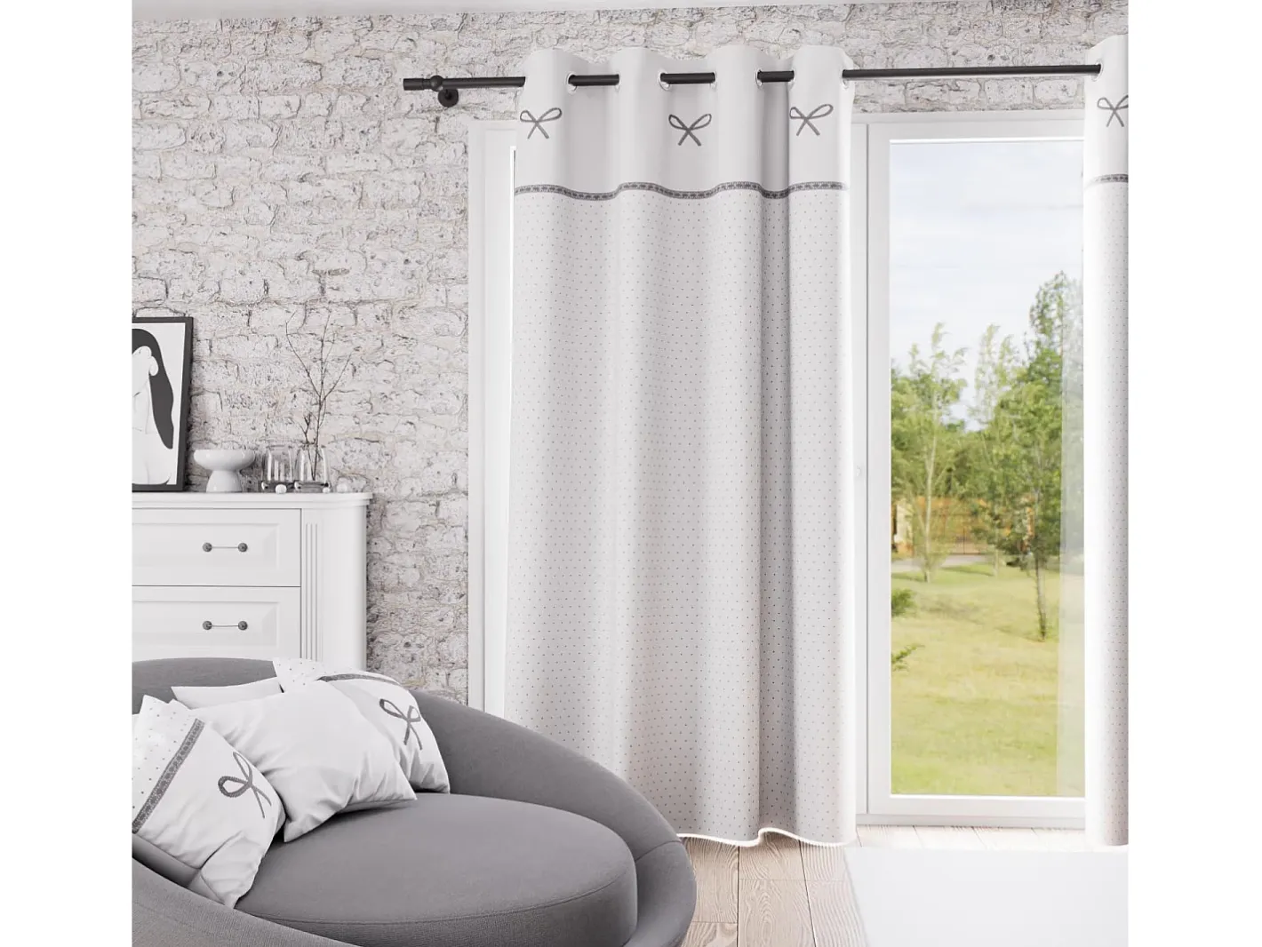 Soleil d'ocre Ropa De Casa-Cortina ojales de algodón bordada 135x250 cm EMILIE , por Blanco
