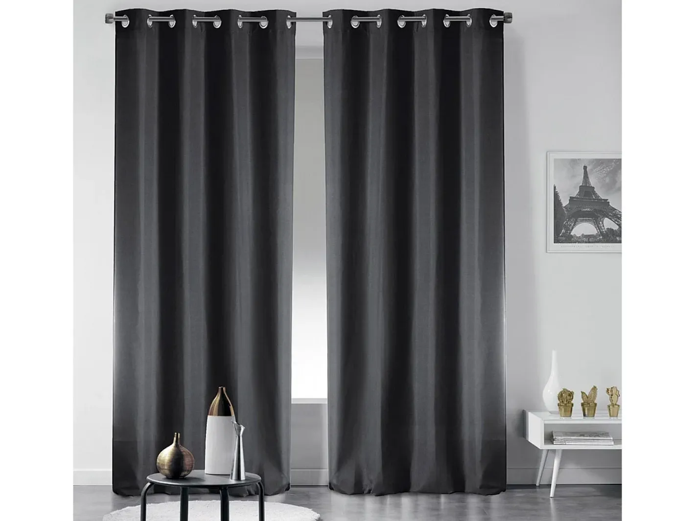 Douceur d'intérieur Ropa De Casa-Cortina opaca lisa con ollaos 135 x 240 cm Negro