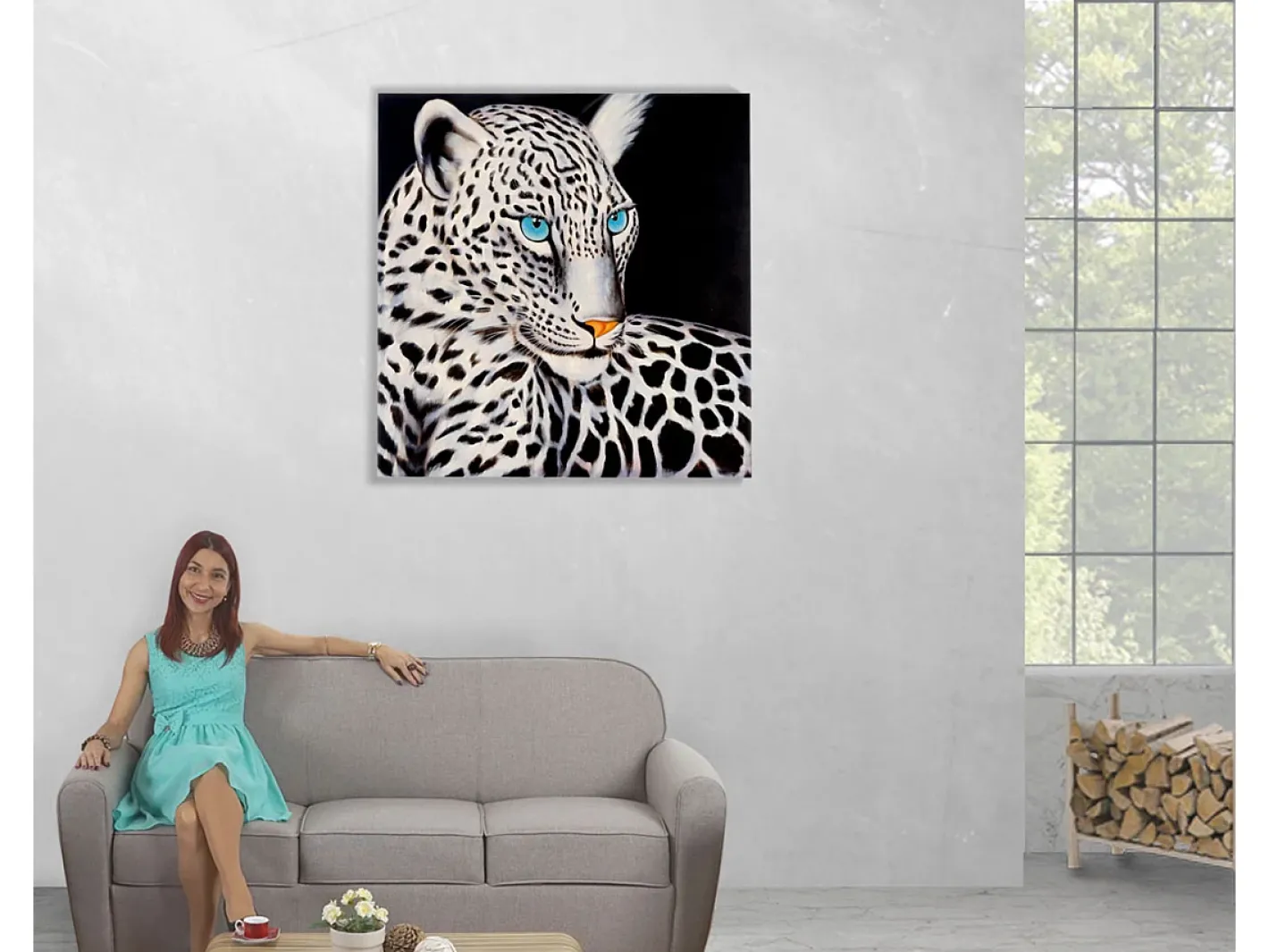 New MCW Cuadro al óleo Leopardo blanco pintado a mano Multicolor