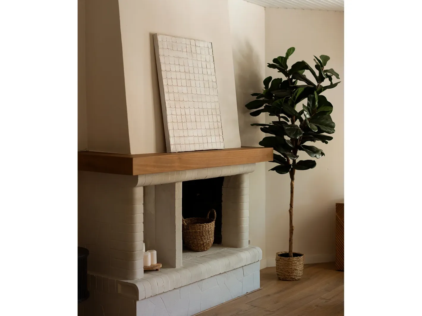 Outlet DECOWOOD Cuadro decorativo sobre lienzo de algodón con marco de madera negro pintado artesanalmente con pintura al oleo de 80x100cm - JAN - Beige